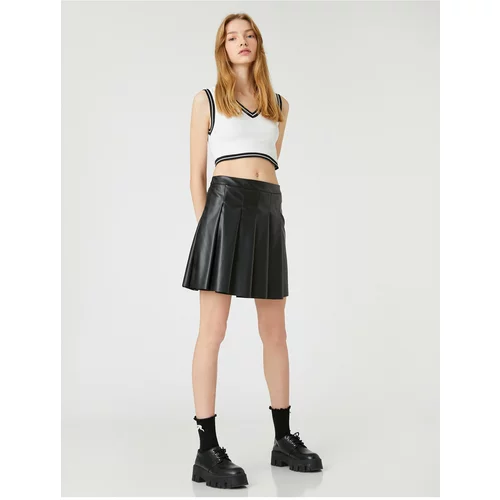 Koton Pleated Mini Skirt Leather Look Zipper Closure