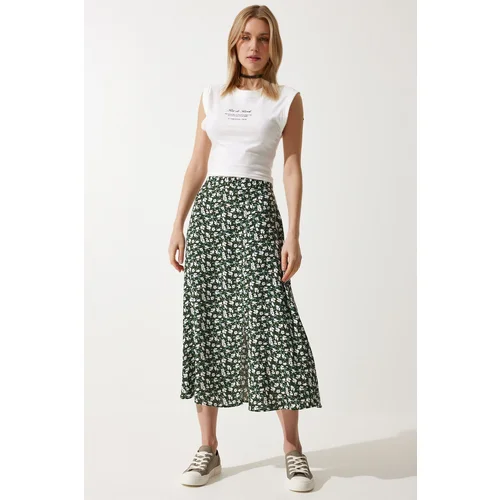  Women's Khaki Black Floral Slit Summer Viscose Skirt