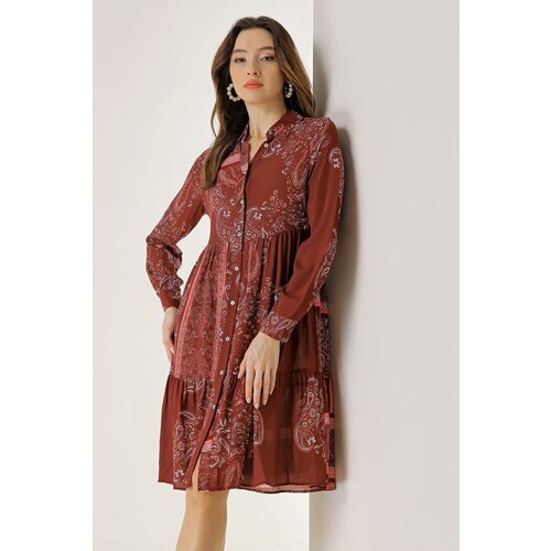 By Saygı Front Buttoned Shawl Patterned Pleated Viscose Crepe Dress Slike