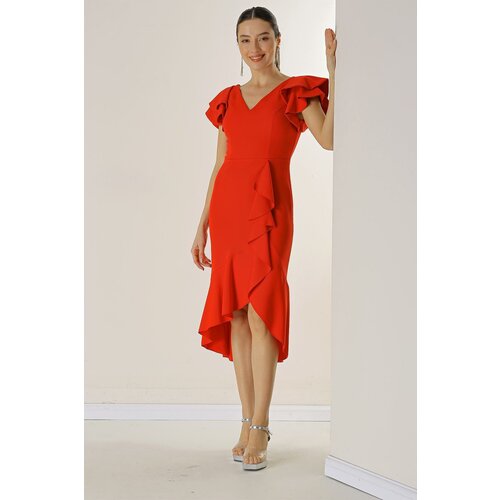 By Saygı Midi-Length Lined Dress with Double Flounce Sleeves Cene