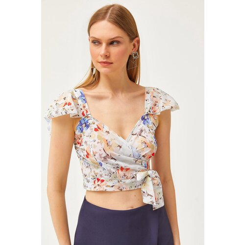 Olalook Women's Blue Floral Side Zipper Sleeve Detailed Mos Crepe Blouse Cijene