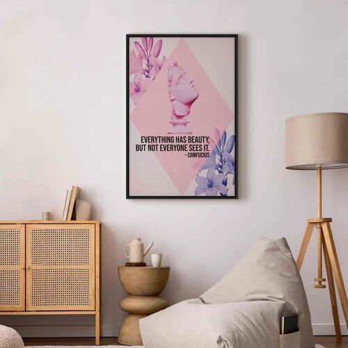  Slika - Beauty in the Eyes - Inspirational Quote with Pink Bust and Flowers 60x90 U crnom drvenom okviru Slike