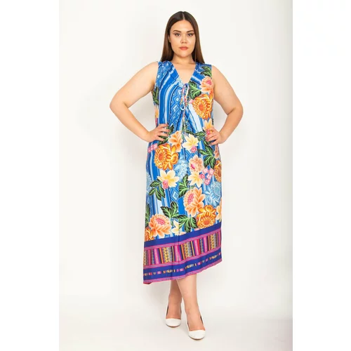 Şans Women's Plus Size Colored Gathering And Lace Detail Hem Bias Cut Colorful Dress