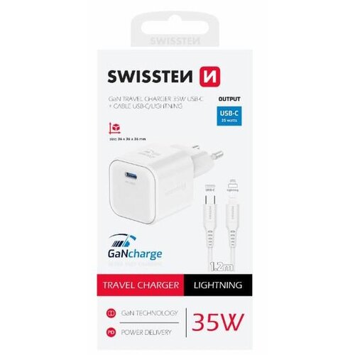 Swissten punjač za AC220, GaN, 35W, 1xUSB-C, 3A, bijeli + Lightning kabel Cene