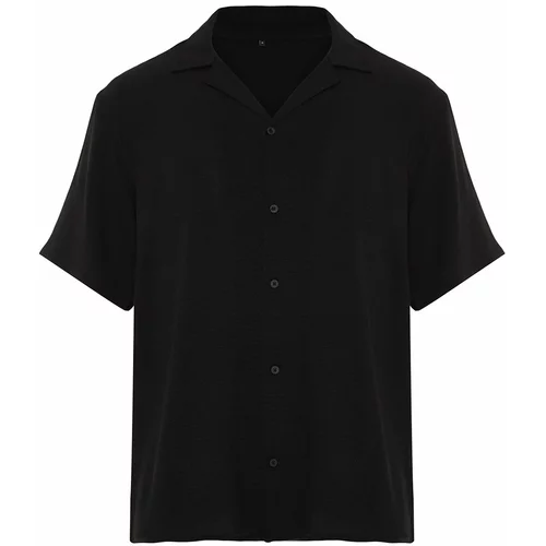 Trendyol Black Black Men's Oversize Fit Summer Short Sleeve Linen Look Shirt Shirt