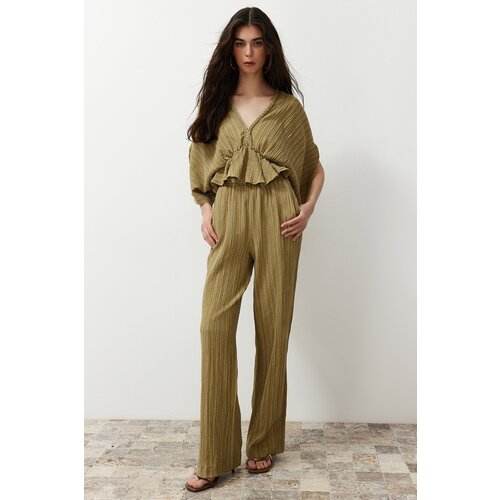 Trendyol Khaki Textured Fabric Flounce Woven Blouse Slike