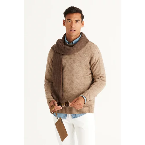 Altinyildiz classics Men's Mink Standard Fit Normal Cut Crew Neck Jacquard Knitwear Sweater.