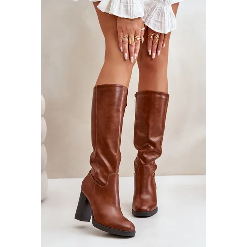 Kesi Heeled Cossacks Eco Leather Above The Knee Camel Riamaya