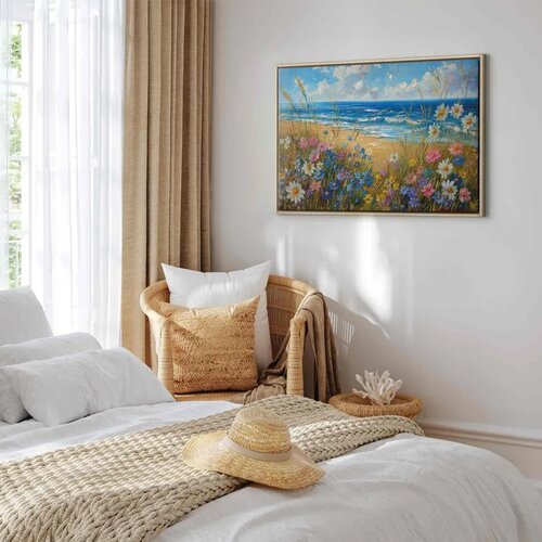  Slika - Seascape &ndash; wildflowers and a view of the rough sea 120x80 U prirodnom drvenom okviru Cijene