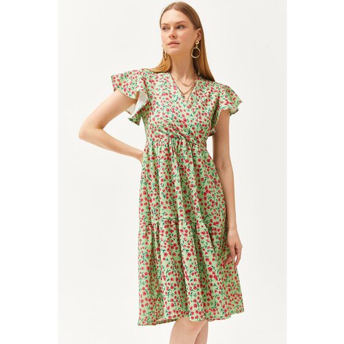 Olalook Women&amp;#039;s Green Pink Double Breasted Collar Sleeve Detailed Knitted Dress Slike