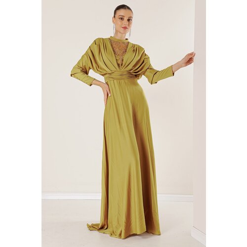 By Saygı Lined Front Beaded Satin Long Dress with Gathered Button Detailed Sleeves Cene