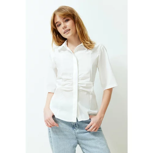 Trendyol Ecru Short Sleeve Fitted/Waist Fitted Woven Shirt with Gather Detail on the Front