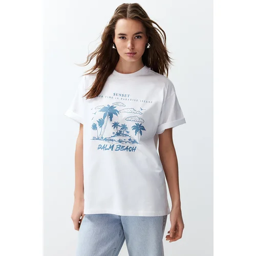 Trendyol White Premium Crew Neck Oversize/Wide Cut Landscape Printed Knitted T-Shirt