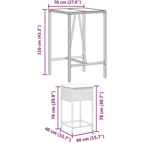  3-dijelni vrtni barski set od poliratana s jastucima crni Crna 70 x 70 x 110 cm Slike