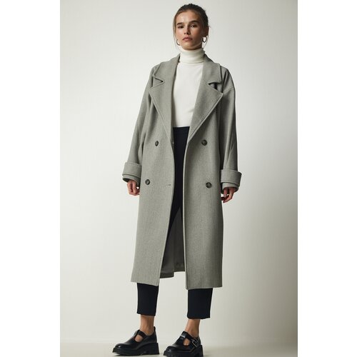 Happiness İstanbul Women's Gray Double Breasted Neck Belted Oversize Cachet Coat Slike