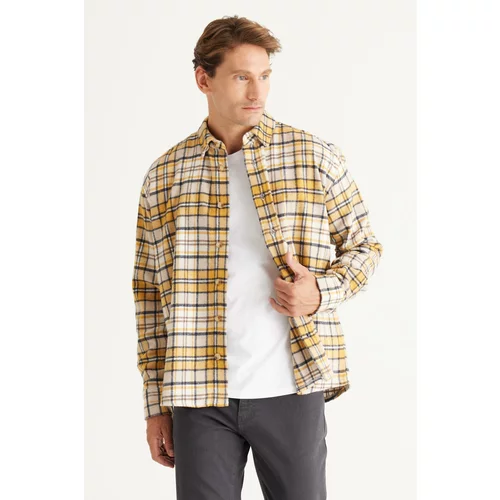 AC&Co / Altınyıldız Classics Men's Yellow Beige Oversized Loose Fit Button-down Collar Checkered Lumberjack Shirt Jacket.
