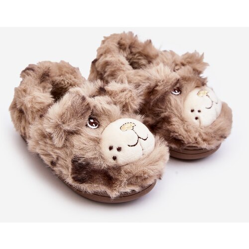 Kesi Children's fur slippers with teddy bear, dark beige Apolania Slike