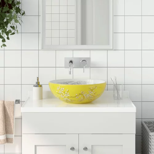 vidaXL Nadgradni umivaonik bijelo-žuti okrugli Φ 41 x 14 cm keramički