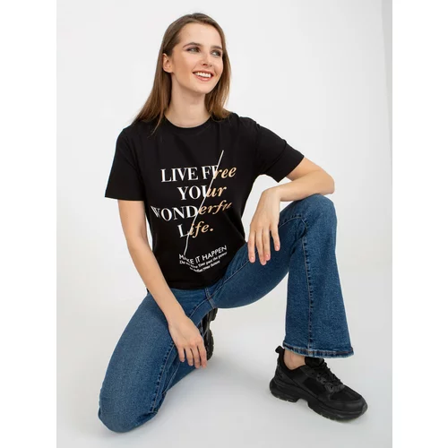 Fashion Hunters Black women's T-shirt with inscriptions and round neckline