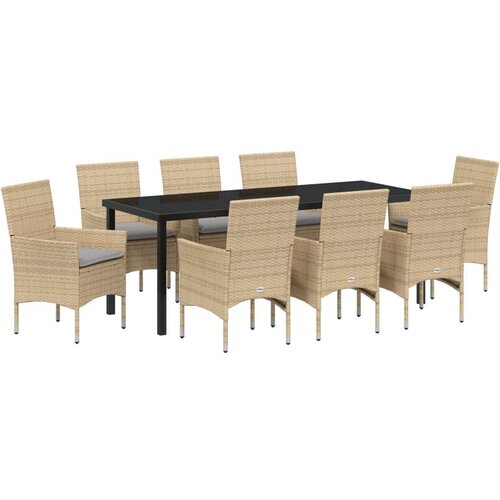  Vrtna garnitura - 9-dijelni vrtni blagovaonski set s jastučićima Bež poli ratan Vrtni stol Crni 200x80x73 cm Temperirano staklo Slike