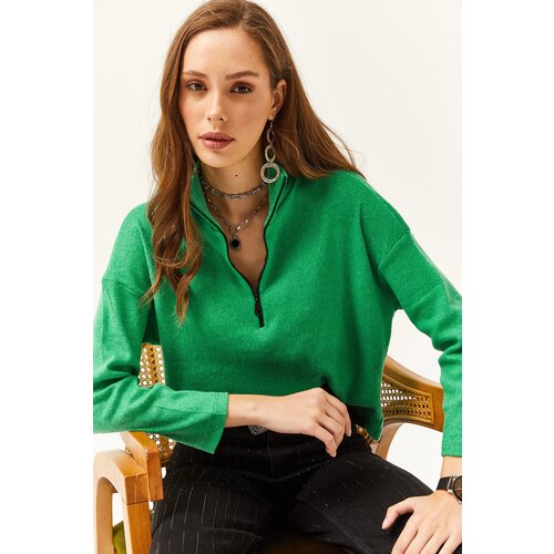 Olalook Women&amp;#039;s Grass Green Zipper High Neck Raised Sweater Slike