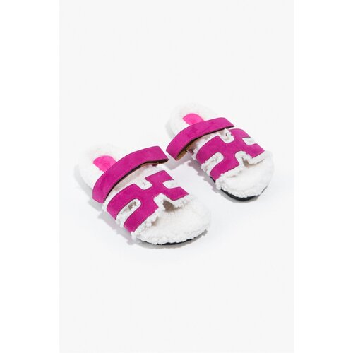 NİŞANTAŞI SHOES Pretty Fuchsia Women's Suede Pile Flat Sole Slippers. Slike