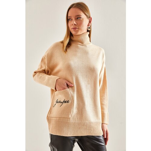 Bianco Lucci Women's Turtleneck Pocket Embroidery Embroidered Knitwear Sweater Slike