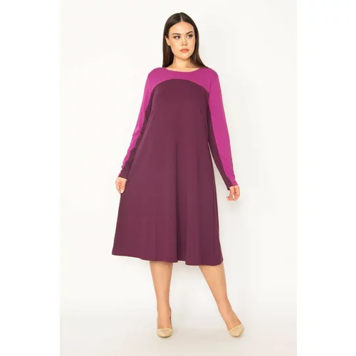 Şans Women's Plus Size Damson Robe And Sleeve Color Combination Long Dress