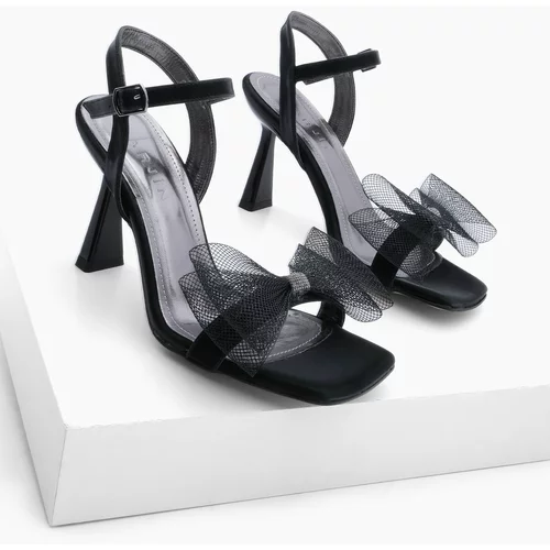 Marjin Women's Flat Toe Bow Evening Dress Heeled Shoes Forge Black
