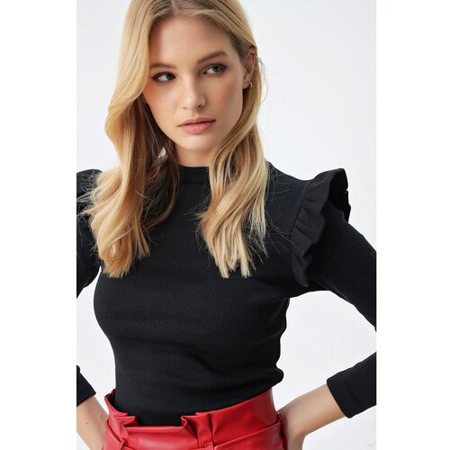 Trend Alaçatı Stili Women's Black Frill Shoulders Half Turtleneck Sweater Slike