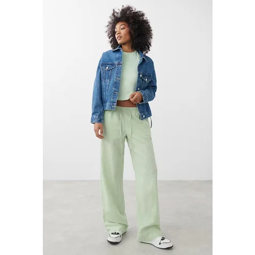  Mint Green Elastic Waist Wide Cut Trousers