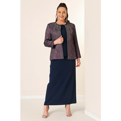 By Saygı Plus Size 3 Set With Inner Sleeveless Blouse Bead Detailed Jacquard Jacket Long Skirt Lined Cene