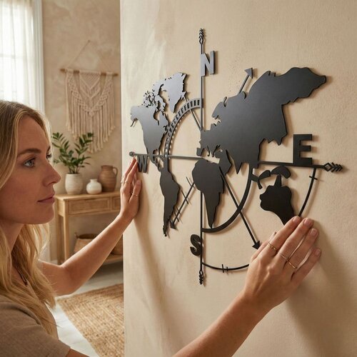 Wallxpert metalni zidni ukras 5141, mapa sveta sa ružom kompasa i oznakama strana sveta, 98 x 75 cm, crni Cene