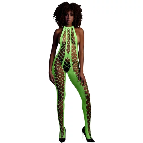 Ouch! Glow in the Dark Bodystocking with Halterneck Neon Green XL-4XL