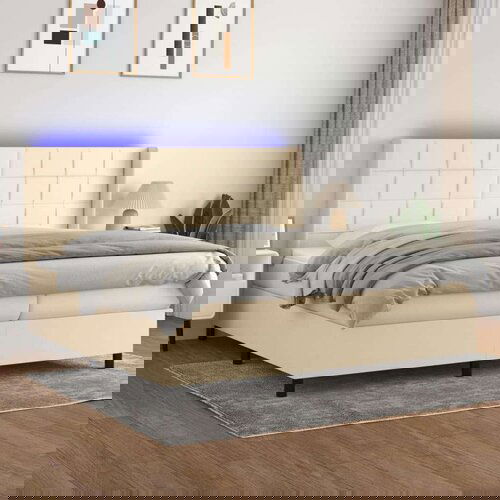  Box spring postelja z vzmetnico LED krem 200x200 cm blago, (20851589) Slike
