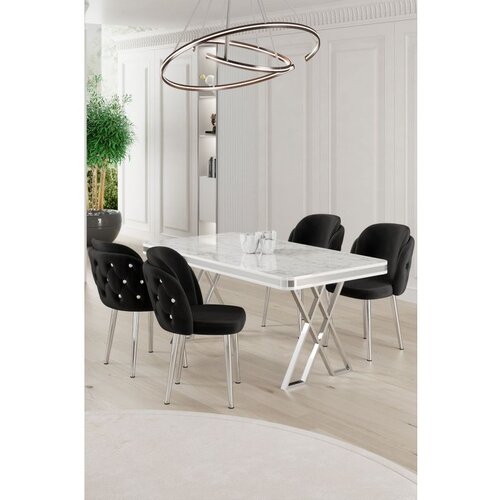 Hanah home Rigel - White, Chrome, Black WhiteChromeBlack Dining Table & Chairs Set (5 Pieces) Cene