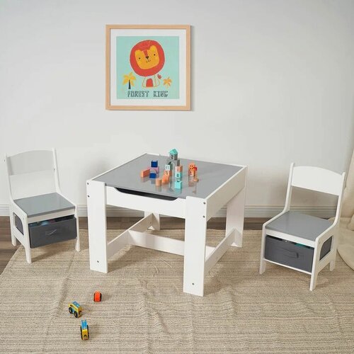 Kinder Home dvostrani dečiji drveni sto sa 2 stolice belo-sivi Slike