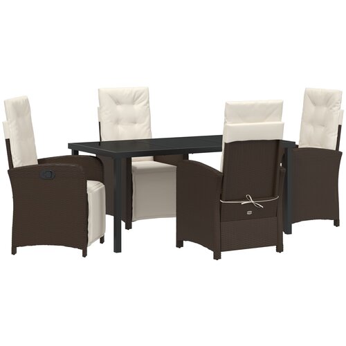 VidaXL 5-dijelni set za blagovanje s jastucima, smeđi poly rattan, vrtni stol crni 160x80x73 cm od kaljenog stakla Slike