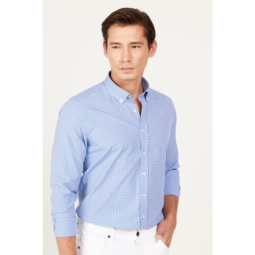 AC&Co / Altınyıldız Classics Men's Blue Slim Fit Slim Fit Button-down Collar Cotton Check Shirt Cene