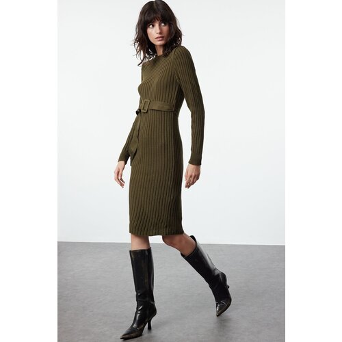 Trendyol Khaki Mini Knitted Belted Dress Cene