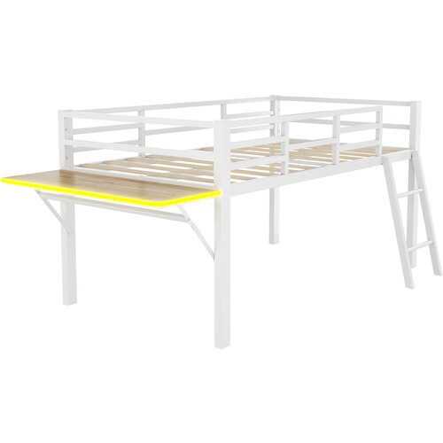 Lumor Postelja z mezzanine 90x200 cm iz kovine z LED - S zložljivo pisalno mizo in lesenimi letvicami - Bela, (22156219) Cene