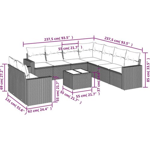 VidaXL 10-dijelni set vrtnih sofa od poliratana s jastucima smeđi Slike