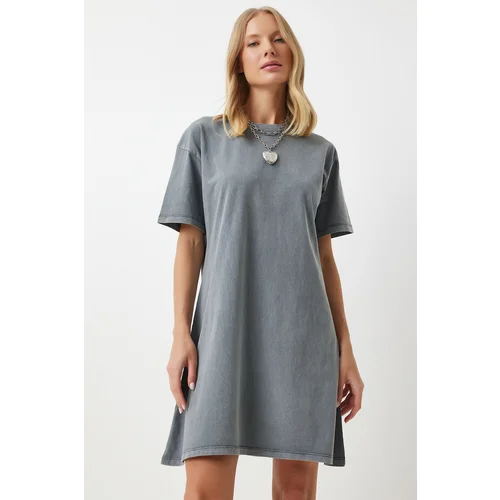  Women's Anthracite Crew Neck Oversize Knitted T-Shirt Dress