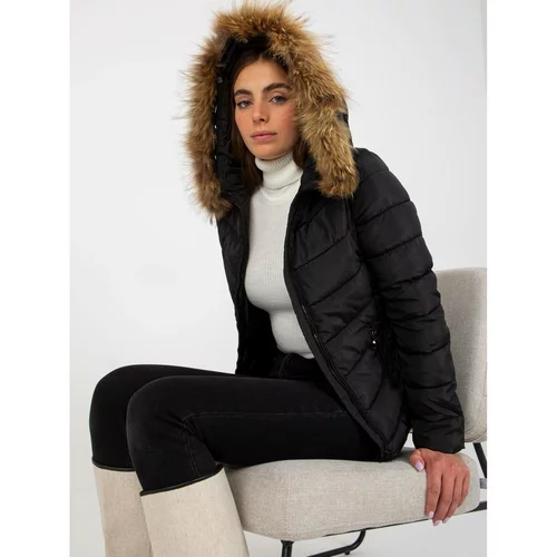 Fashion Hunters Black quilted transitional jacket with fur on the hood