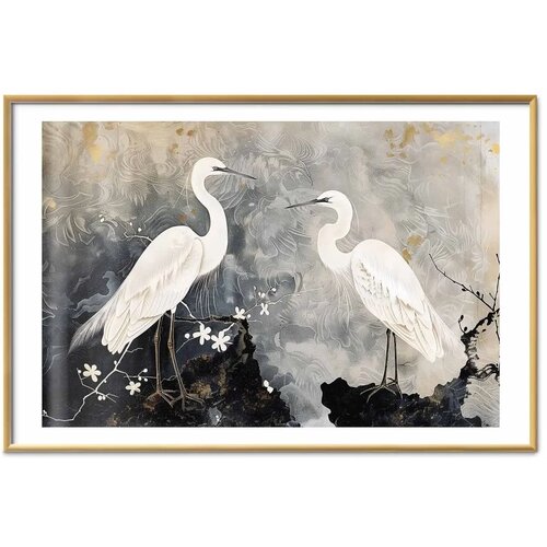  Plakat - Herons and Cherry Blossom - oriental-style illustration depicting birds 30x21 Zlatni okvir s margom Slike