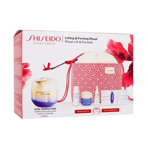 Shiseido Vital Perfection Lifting & Firming Ritual Set dnevna krema za lice Uplifting and Firming Cream 50 ml + serum za lice LiftDefine Radiance Serum 7 ml + noćna krema za učvršćivanje Overnight Firming Treatment 15 ml + krema za područje oko očiju Uplifting and Firming Eye Cream 3 ml + serum za lice Skin Filler 2 x 1 ml + kozmetička torbica za ženske