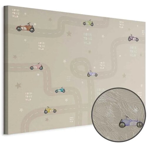  Slika - Race - Colorful Cars on a Road on a Beige Background with Inscriptions 120x80 Premium Print Cene