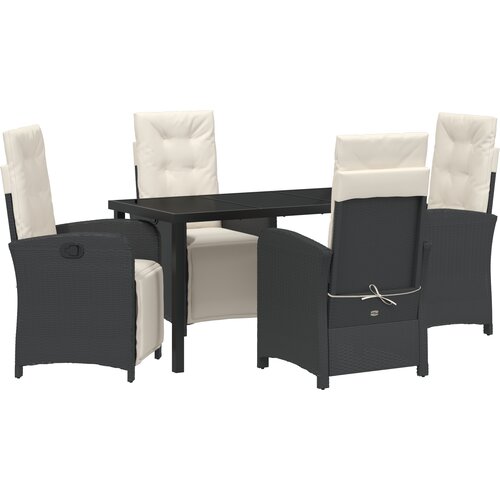 vidaXL 5-delni vrtni jedilni set s črnimi poly ratan blazinami, črna vrtna miza 140x80x73 cm, kaljeno steklo Cene