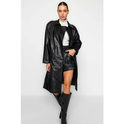 Trendyol Black Oversized Wide-Cut Faux Leather with a Belt Water-Repellent Trench Coat