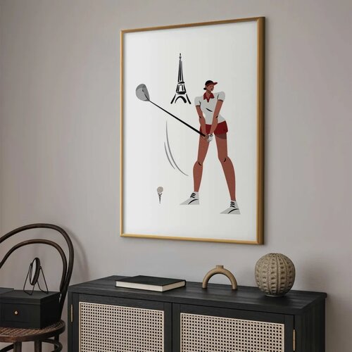  Plakat - Illustration of a Female Golfer with the Eiffel Tower in the Background 21x30 Zlatni okvir Slike